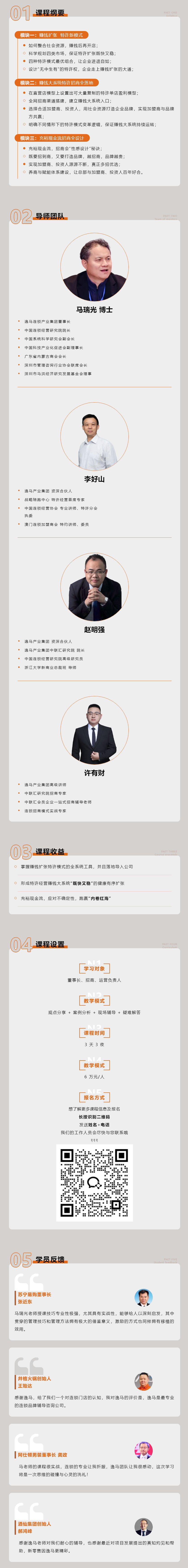 盈利增長(zhǎng) | 逸馬連鎖專家馬瑞光、李好山、趙明強(qiáng)、許有財(cái)《特許招商賺錢系統(tǒng)》課程介紹